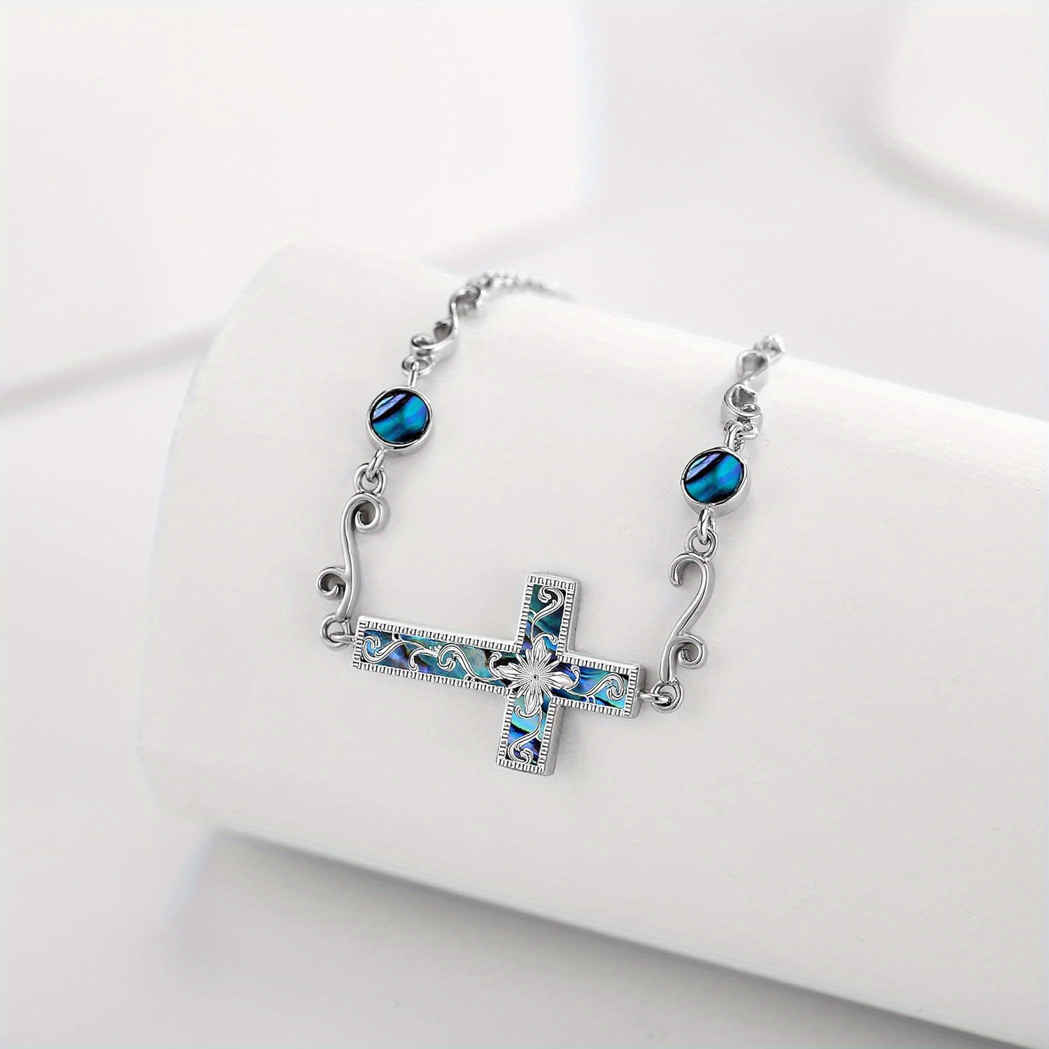Women's 925 Sterling Silver Abalone Shell Cross Bracelet